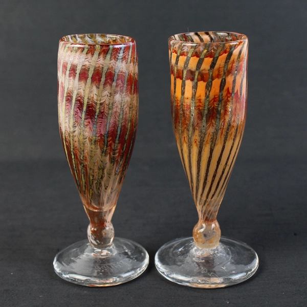 Set of 2 Signed Orange Glass Champagne Flutes 5 1/2"