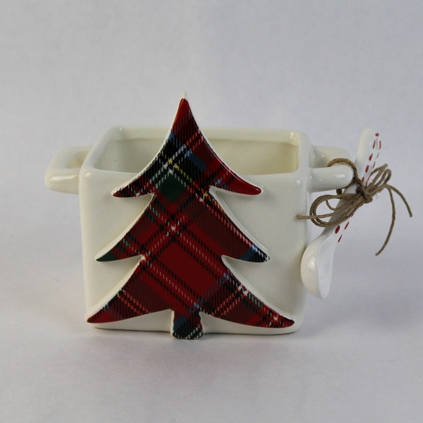 Mud Pie Plaid Christmas Tree Ceramic Sugar Bowl With Spoon