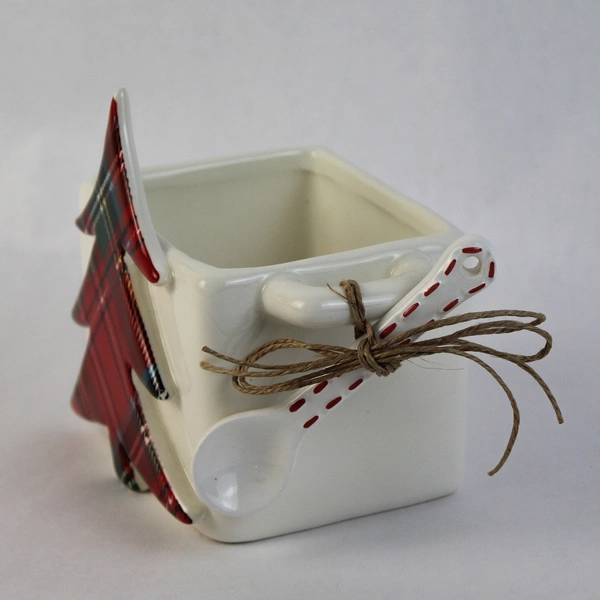 Mud Pie Plaid Christmas Tree Ceramic Sugar Bowl With Spoon