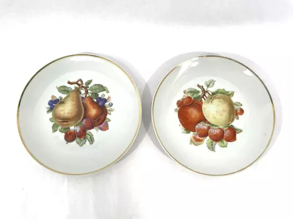 Lot of 2 Vintage 8" Porcelain Plates with Fruit Design & Gold Rim Decor