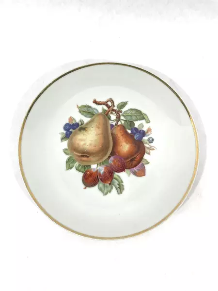 Lot of 2 Vintage 8" Porcelain Plates with Fruit Design & Gold Rim Decor