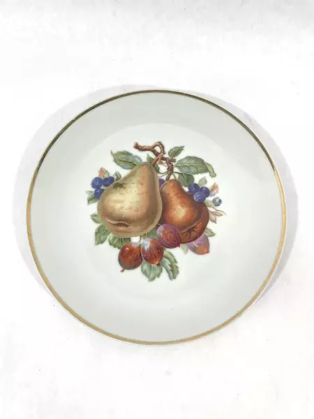 Lot of 2 Vintage 8" Porcelain Plates with Fruit Design & Gold Rim Decor