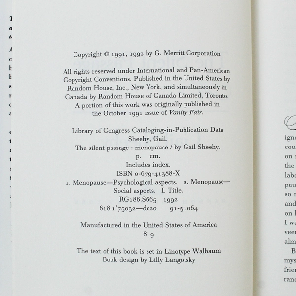 The Silent Passage Menopause by Gail Sheehy Hardcover 1992