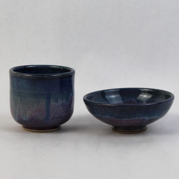 Blue and Purple Pottery Cup and Matching Bowl Set 
