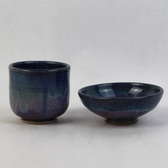 Blue and Purple Pottery Cup and Matching Bowl Set 