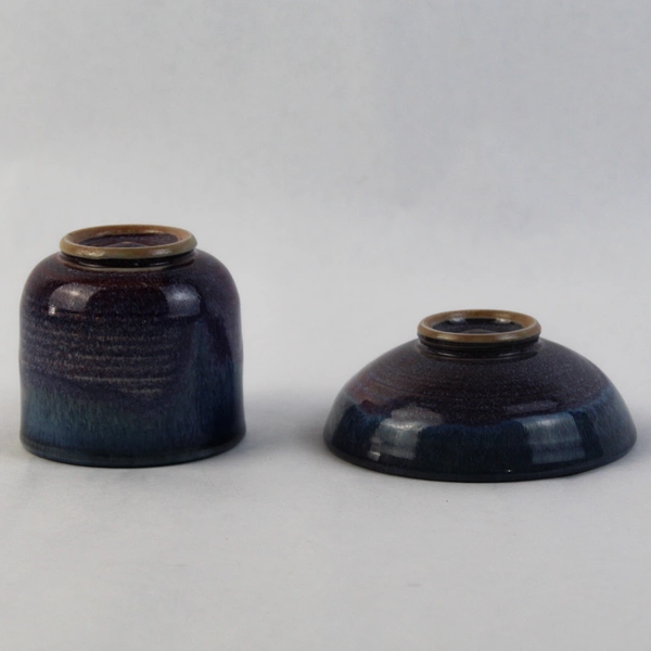 Blue and Purple Pottery Cup and Matching Bowl Set 