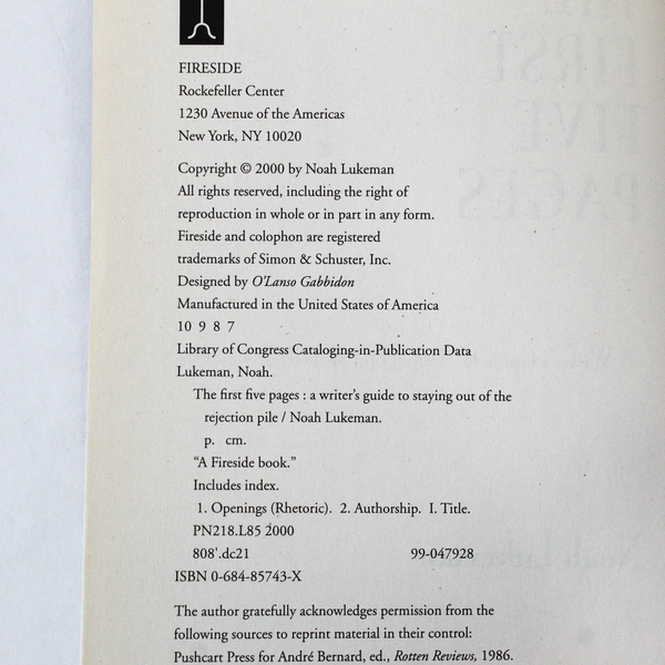 The First Five Pages by Noah Lukeman, 2000, Simon & Schuster, PB, Good