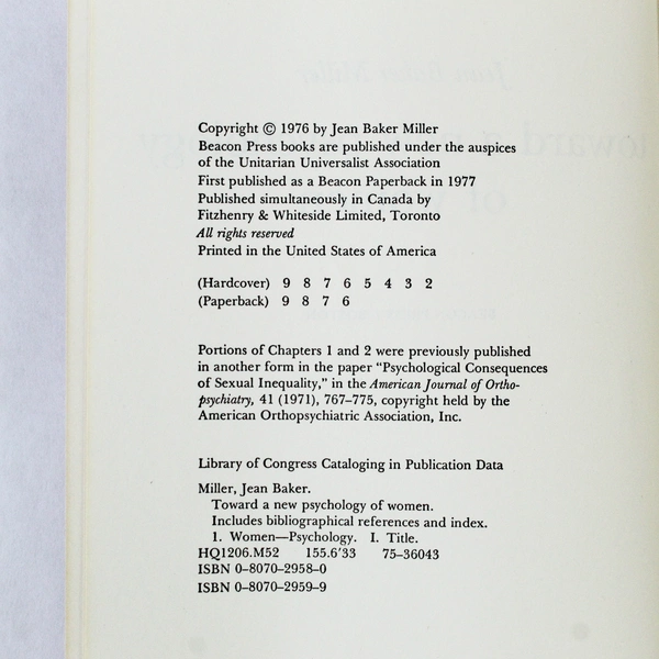 Jean Baker Miller "Toward a New Psychology of Women" 1976 Beacon Press PB