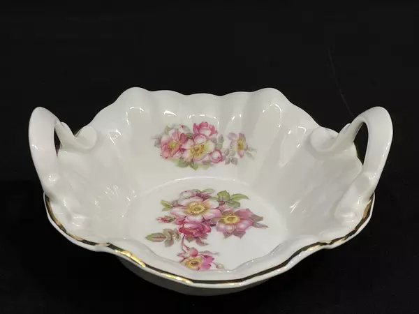 Vintage Gerold Porzellan Bon Bon Bowl GDR2 Pink Roses Gold Trim 5.75"