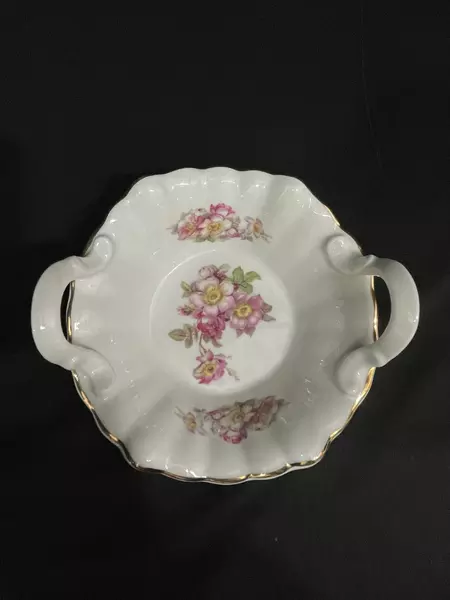 Vintage Gerold Porzellan Bon Bon Bowl GDR2 Pink Roses Gold Trim 5.75"