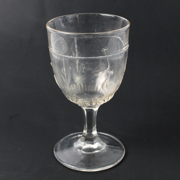 EAPG Moon and Stork Pattern Clear Embossed Glass Goblet 5.75" Flawed