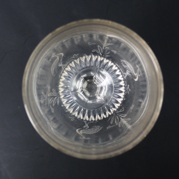 EAPG Moon and Stork Pattern Clear Embossed Glass Goblet 5.75" Flawed