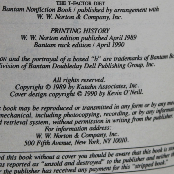 The T-Factor Diet by Martin Katahn 1990 Paperback Lose Weight Safely & Quickly