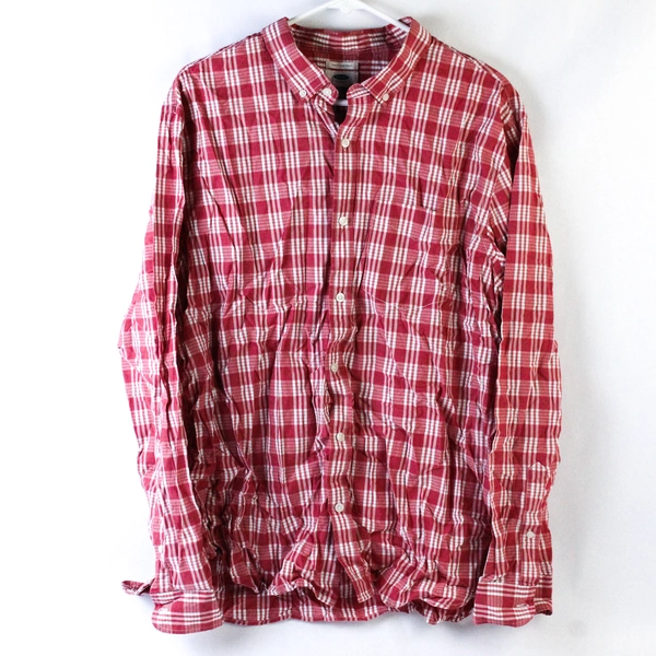 Old Navy XL Slim Fit Red White Plaid Dress Shirt Long Sleeve Good Condition