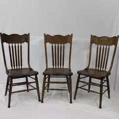 Set of 3 Antique Press Back Solid Oak Dining Side Chairs