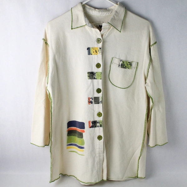 Produce Company White Multicolor Design Button Up Stitch Accents Women's Small