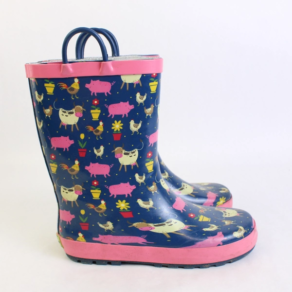 Western Chief Farmer Girl Blue Pink Rain Boots Size 2 Kids Galoshes Waterproof