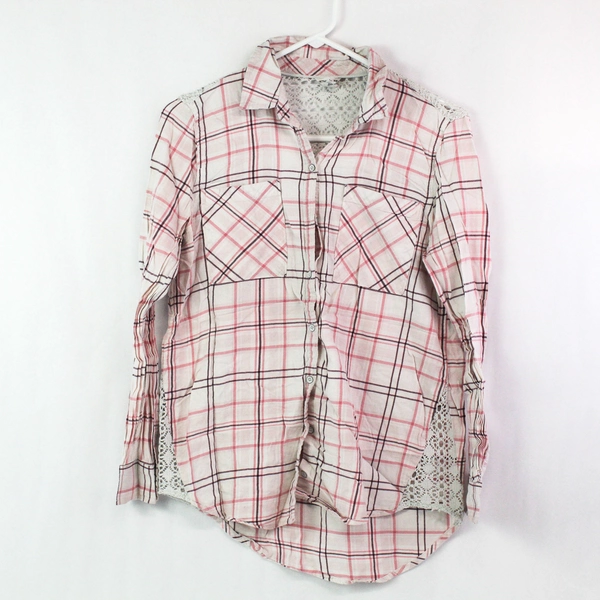 Bethany Mota Women's Pink Plaid Button Up Shirt With Crochet Accents Size S