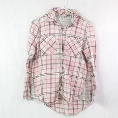 Bethany Mota Women's Pink Plaid Button Up Shirt With Crochet Accents Size S