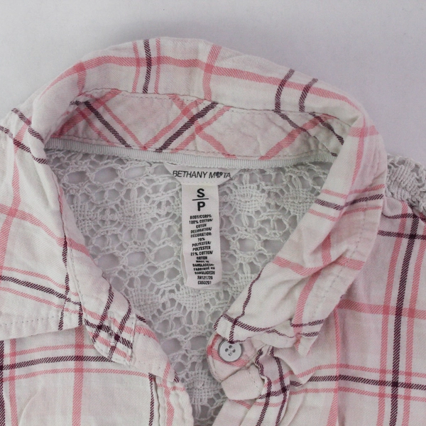 Bethany Mota Women's Pink Plaid Button Up Shirt With Crochet Accents Size S