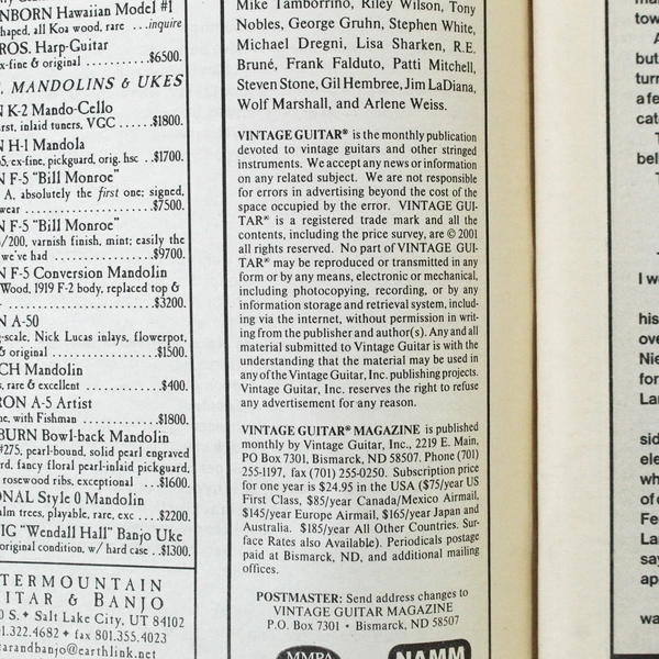 Vintage Guitar Magazine March 2001 - Frampton, Geddy Lee, Jim Peterik