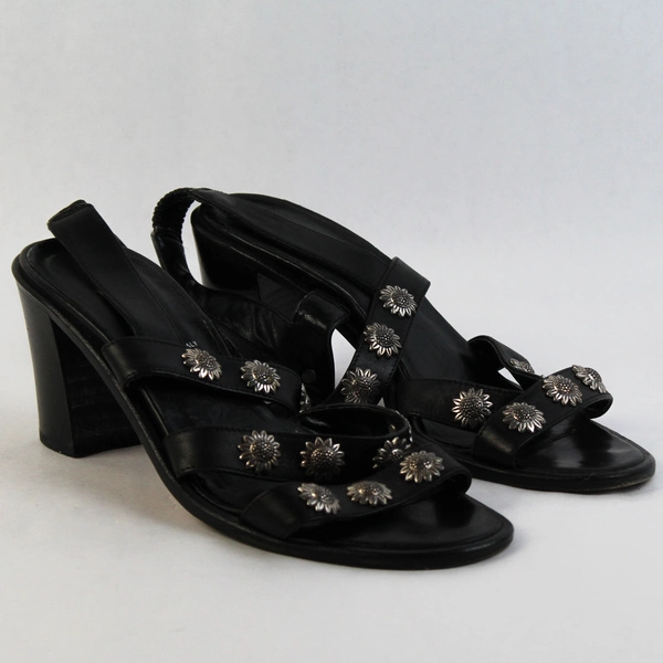 Vero Cuoio Black Open-Toe Heels Sandals Sunflower Details Women's Size 8N