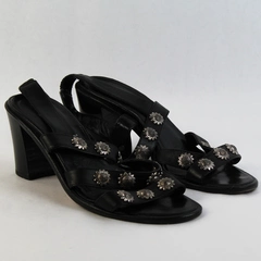 Vero Cuoio Black Open-Toe Heels Sandals Sunflower Details Women's Size 8N