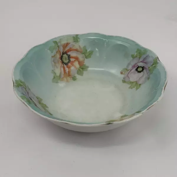 Vintage 8" Hand Painted Poppy Serving Bowl Green Bird Germany