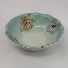 Vintage 8" Hand Painted Poppy Serving Bowl Green Bird Germany
