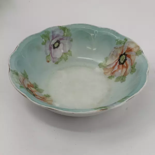 Vintage 8" Hand Painted Poppy Serving Bowl Green Bird Germany