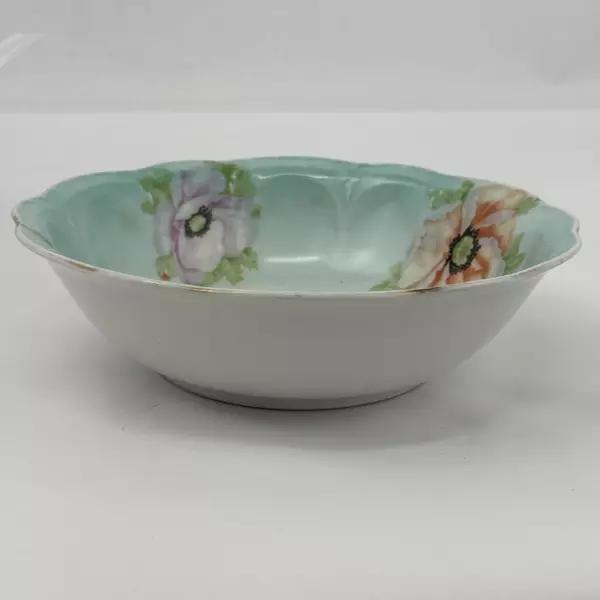 Vintage 8" Hand Painted Poppy Serving Bowl Green Bird Germany