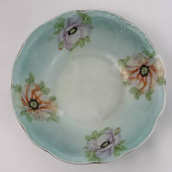 Vintage 8" Hand Painted Poppy Serving Bowl Green Bird Germany