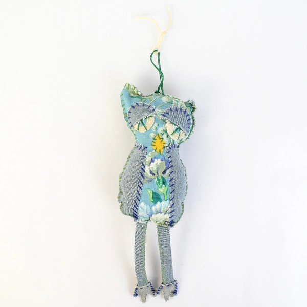 Whimsical Handmade Blue Floral Fabric Owl Doorknob Hanger Home Decor