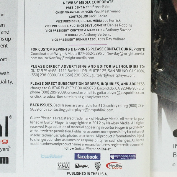 Guitar Player Magazine Sept 2012 Joe Bonamassa Vintage Pauls & Tabs