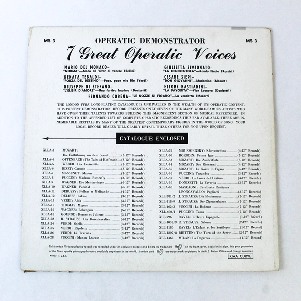 Operatic Demonstrator 7 Great Operatic Voices 1956 Single Vinyl 12 Inches 