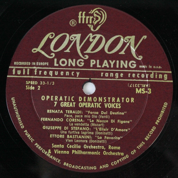 Operatic Demonstrator 7 Great Operatic Voices 1956 Single Vinyl 12 Inches 