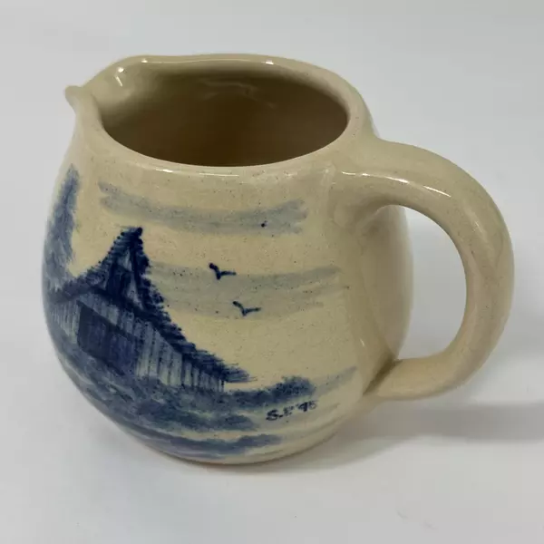 1995 Paul Storie Pottery Creamer Beige Cobalt Blue 3.75" Decorative Collectible