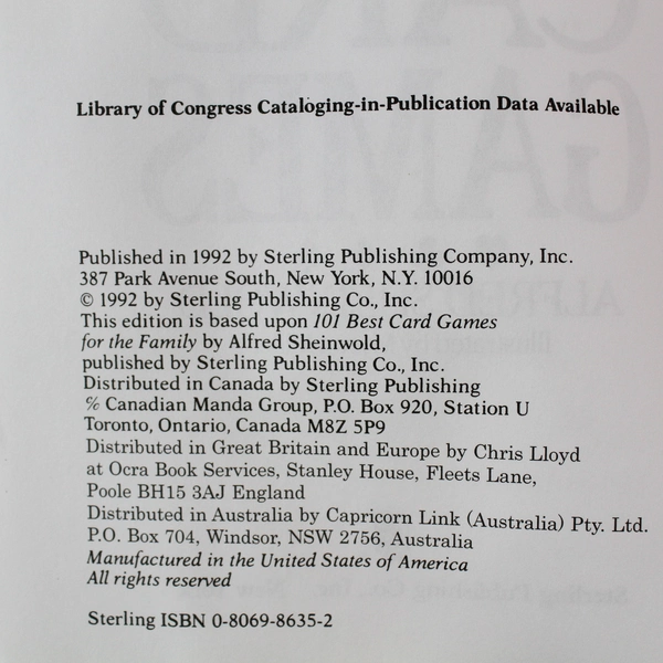 101 Best Family Card Games by Alfred Sheinwold 1992 Paperback Book