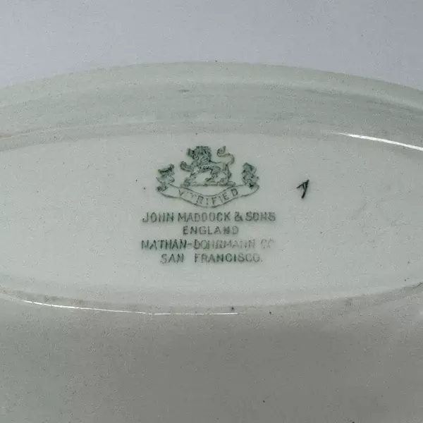 Antique John Maddock & Sons White Vitreous Oval Dish Green Bands 8.5"
