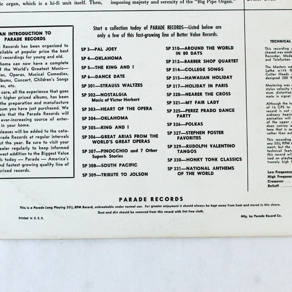 Vintage Parade John Kiley Plays Pipe Organ LP Single Vinyl 12 Inches