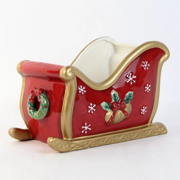 Fitz & Floyd Festive Bells Santa's Sleigh Christmas Planter With Plastic Insert