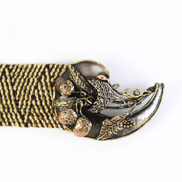 Bohemian Black and Beige Woven Belt With Metal Leaf and Acorn Belt 35"