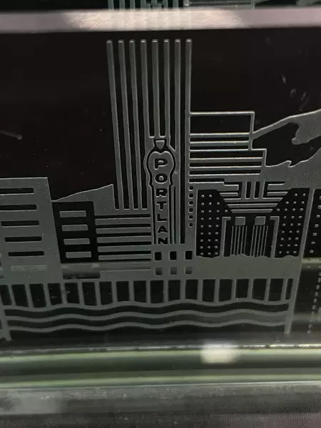 Cityscene Etched Glass Paperweight Portland & Mt. Hood Used Condition