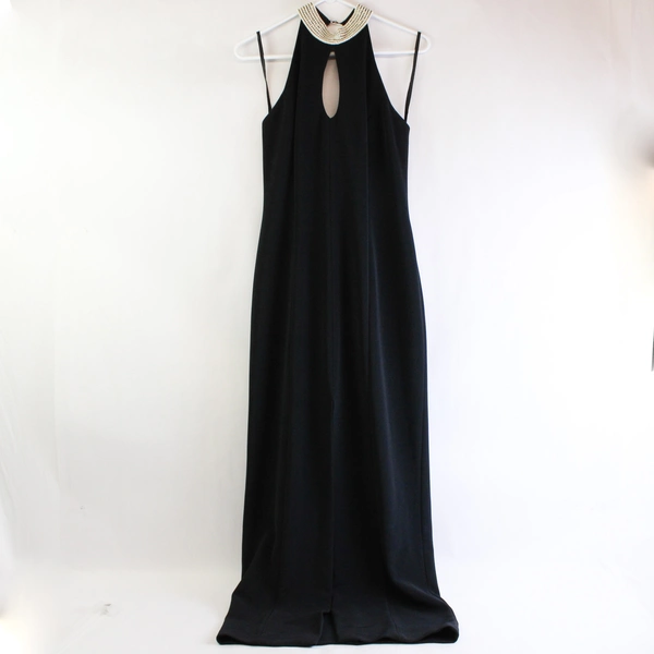 VTG Alex Evenings Black Backless Full-Length Dress Gown Pearls Sz 6 Slit