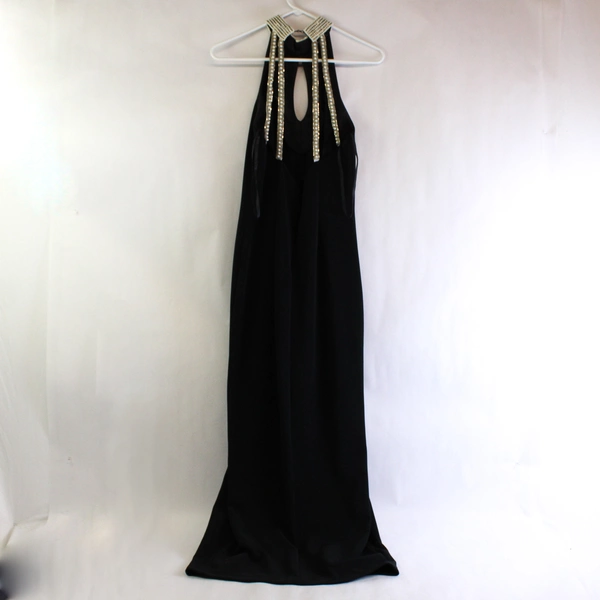 VTG Alex Evenings Black Backless Full-Length Dress Gown Pearls Sz 6 Slit
