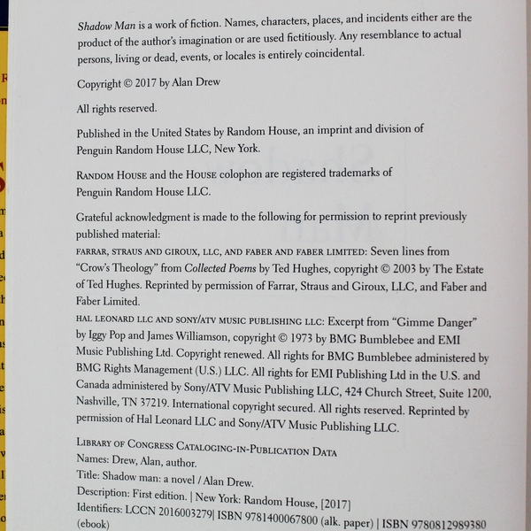 Shadow Man by Alan Drew 2017 Hardcover - Good Condition