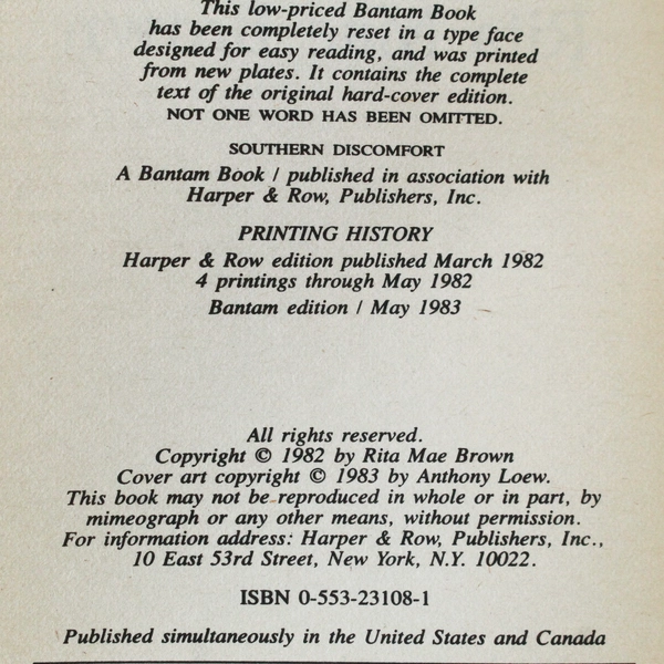 Southern Discomfort by Rita Mae Brown 1983 Paperback - Good Condition