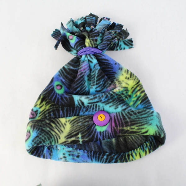 Handmade Multicolor Peacock Feather Pattern Fleece Winter Hat One Size