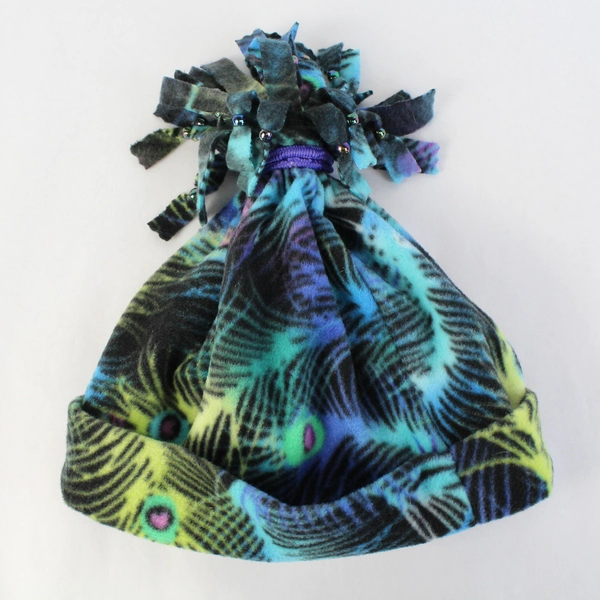 Handmade Multicolor Peacock Feather Pattern Fleece Winter Hat One Size