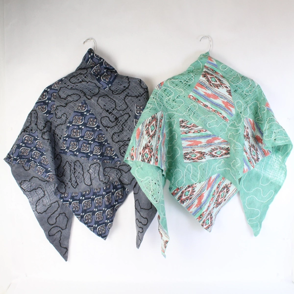 Lot of 2 Handmade Women's Patterned Fabric and Felt Scarf Shawls